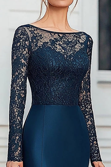 Sirène en satin dentelle marine Robe mère de la mariée à manches longues